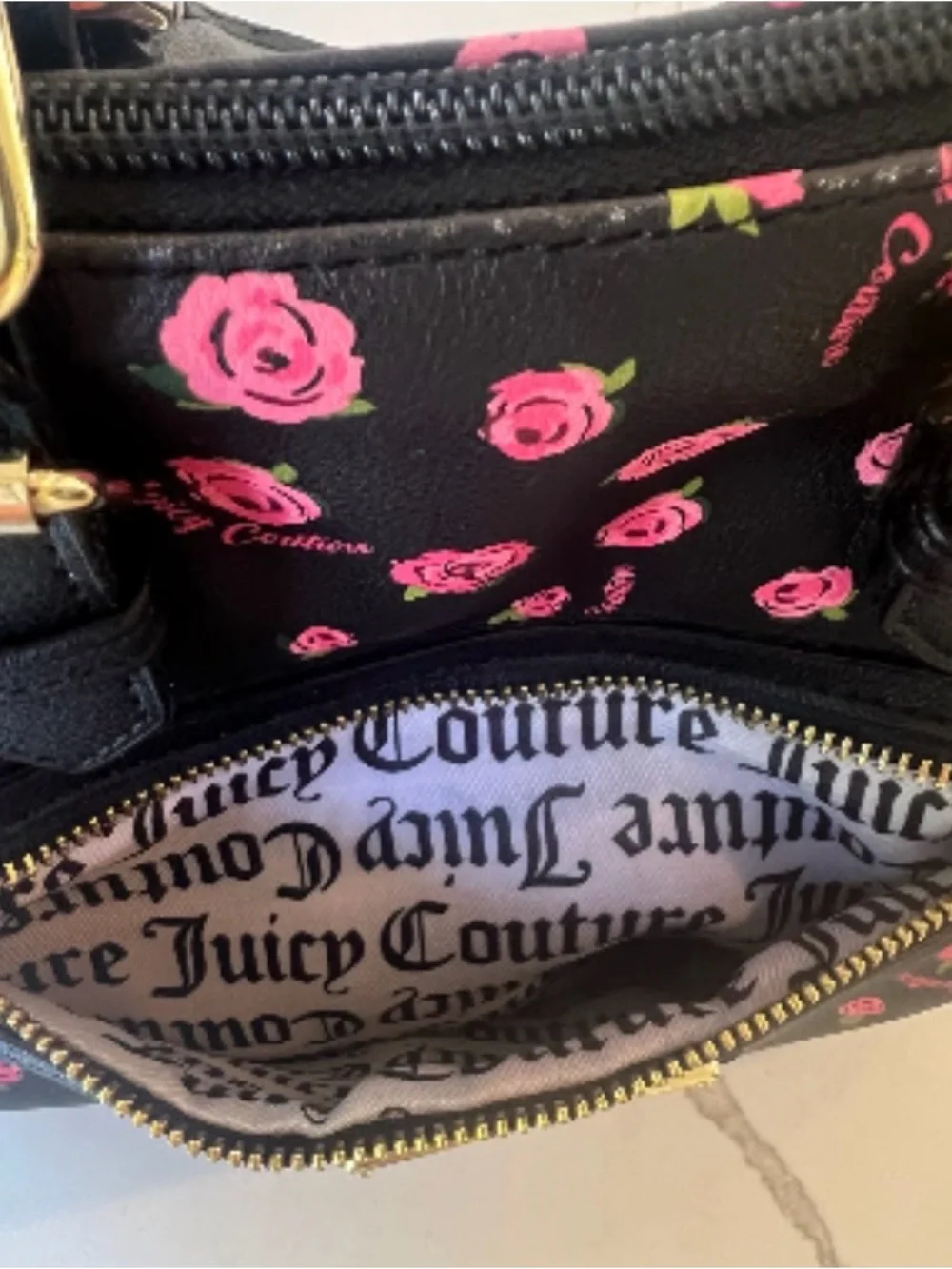 Juicy Couture Dusty Rose Promenade Black & White Floral Satchel Pink Rose Print